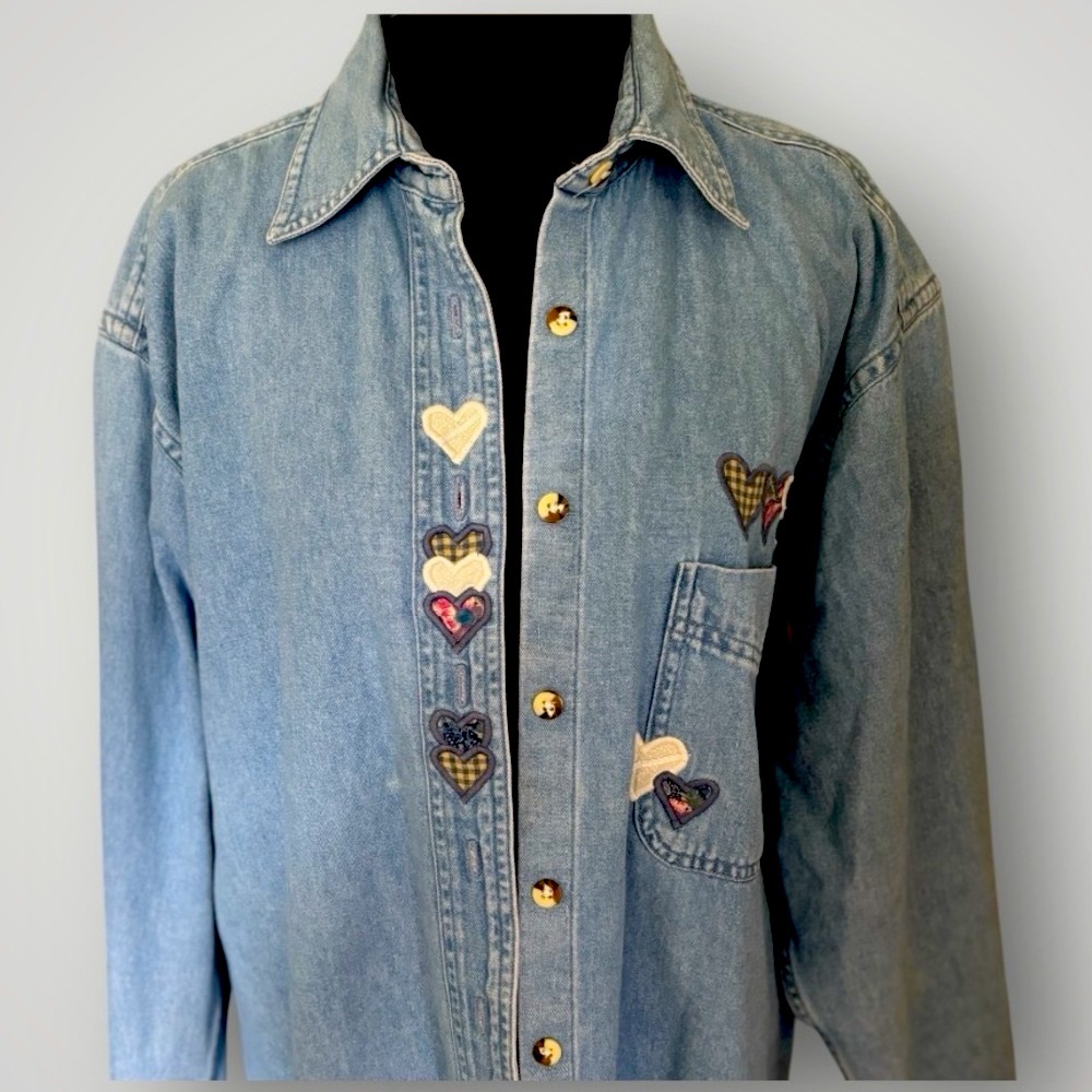 Vintage Sunbelt Denim Cottagecore Button Down Shirt Embroidered Hearts Size M